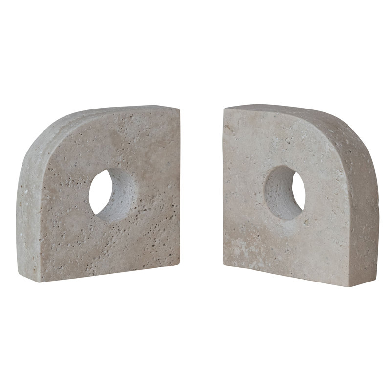 2-Piece Travertine Bookends with Circle Cut-Outs