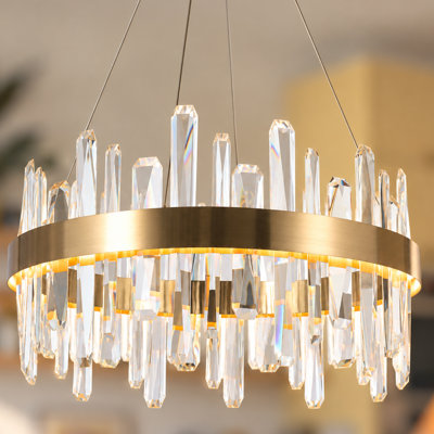 Modern 1-Light Glam LED Crystal Ring Chandelier with Prism Accents, Luxury Brass Statement Lighting