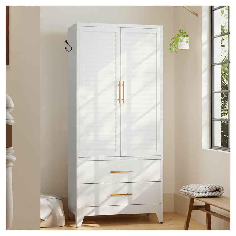 Garde-robe en métal blanc avec 2 portes et tiroirs pour le rangement de la chambre à coucher