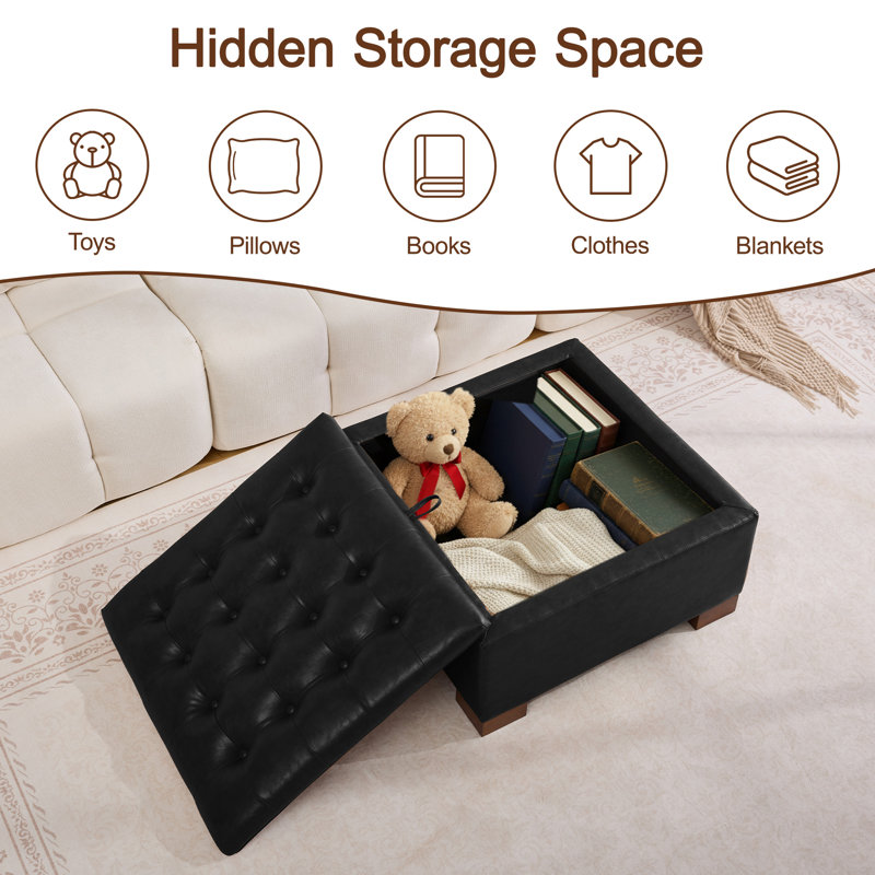 Repose-pieds de rangement carré capitonné de 29,5 po de largeur, Noir pu, H 17,7 po x l 29,5 po x P 29,5 po