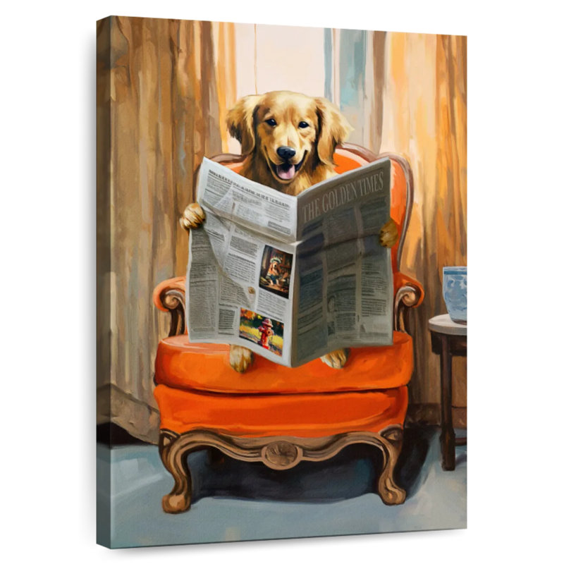 Golden Retriever lecture des nouvelles, H 45 po x l 30 po