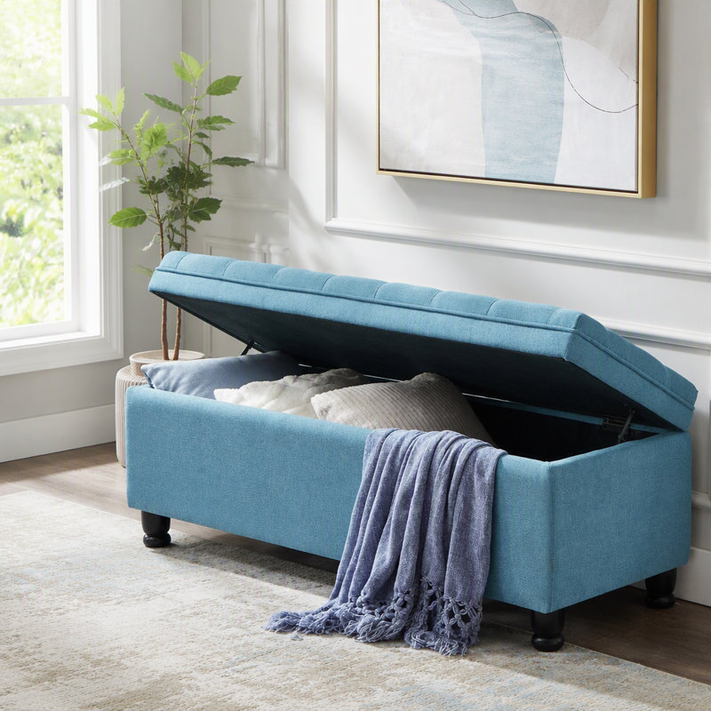 Banc de rangement capitonné à boutons avec tissu en lin et pieds fuselés, Bleu clair + lin