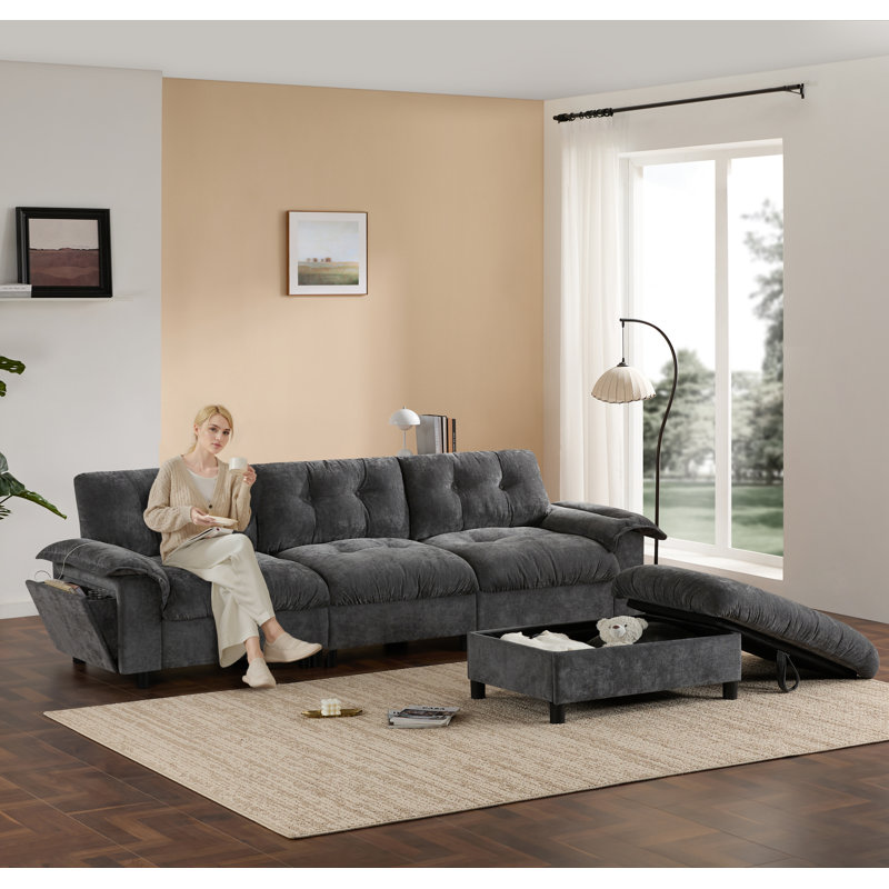 Canapé modulaire en L en chenille Malaquas avec repose-pieds de rangement et ports de chargement Malaquas