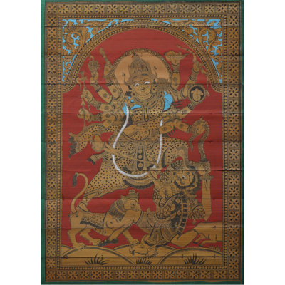 Goddess Durga Killing Demon Mahishasura | Pattachitra Painting On Palm Leaf With Natural Colors