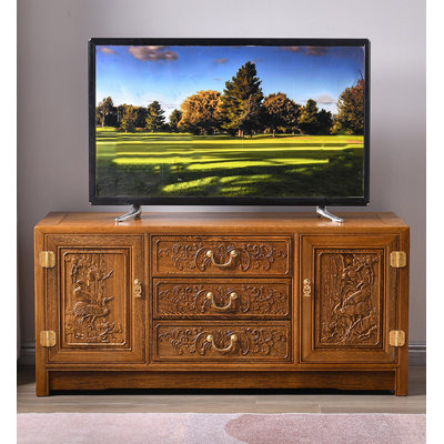 Oriental Hand Carved Solid Wood TV Stand Crane Pattern Cabinet Doors and Three Embossed Drawers