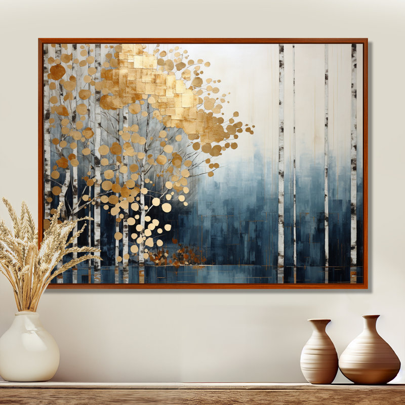 Minimalisme bleu et forêt dorée - art mural forêt, H 24 po x l 32 po x P 1 po, Cadre flottant brun