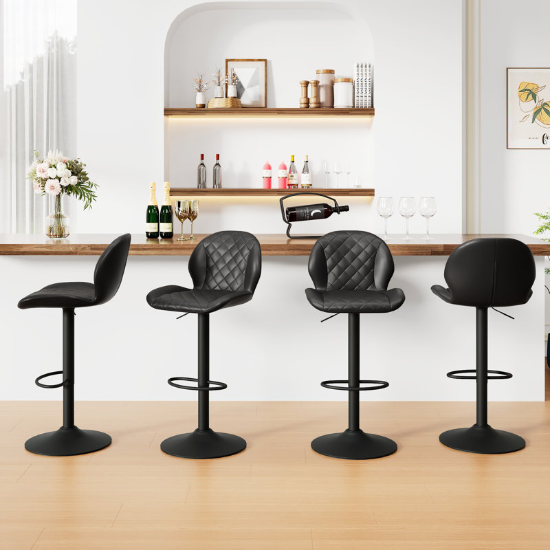 Adjustable Swivel 24"-33" Height Rhombus Faux Leather Bar Stools with Back for Kitchen Island, 4, Black