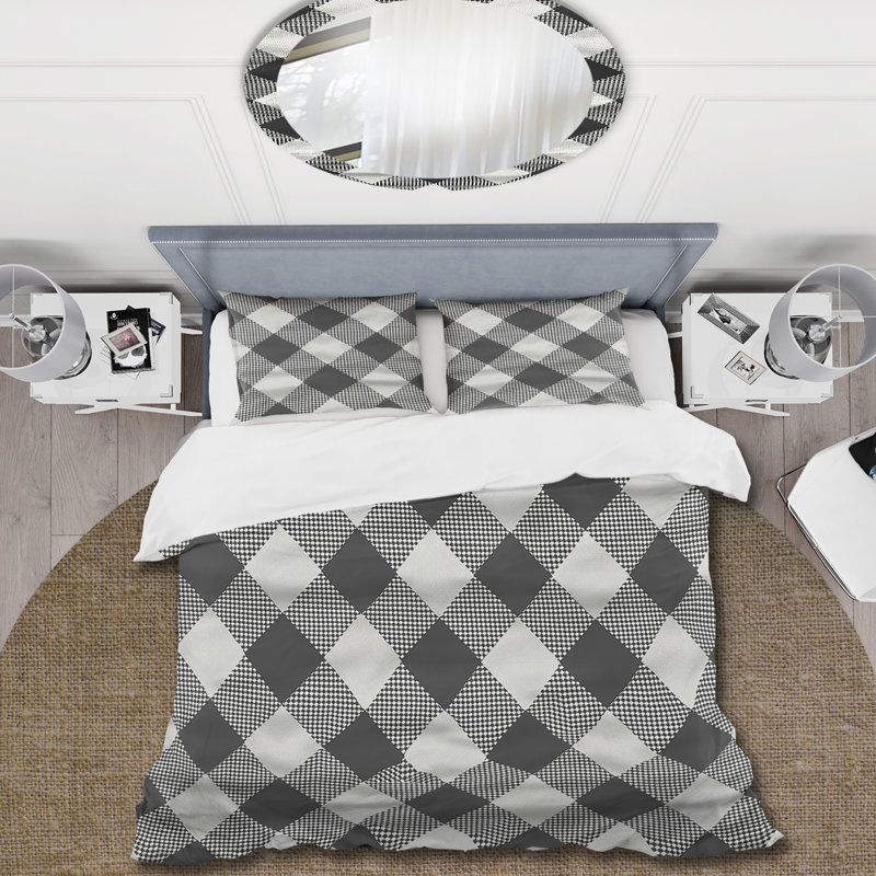 Ensemble de housse de couette traditionnel noir à motif pied-de-poule I, Housse de couette pour grand lit et 2 taies décor