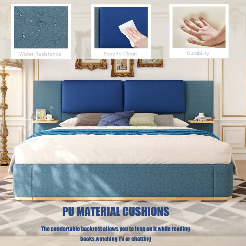 Upholstered Platform Bed with Extended Headboard and Floating Nightstand, Low Profile Bed Frame without Footboard, Blue, King