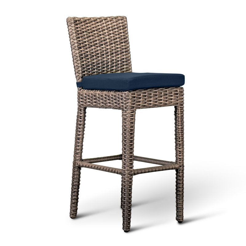 Arden Outdoor Bar Stool, Spectrum Indigo Sunbrella®, Chestnut, 28.75"