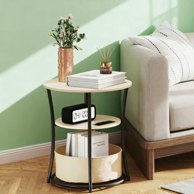 Coffee Table Round Side Table With Charging Station, 3-Tier End Table With Fabric Storage Bag And Shelf, Natural Wood