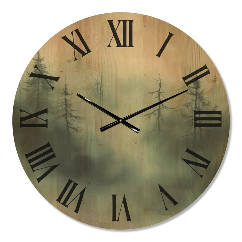 Très grande horloge murale en bois naturel - Forêt enchantée dans le brouillard, Large