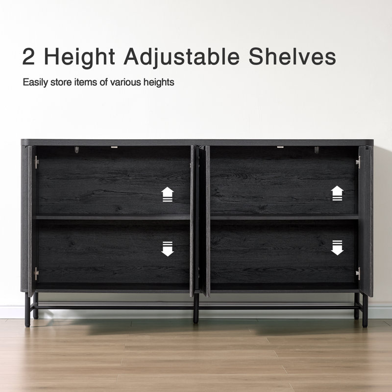 65"W Large Fluted Sideboard Buffet Cabinet with 4 Doors and Adjustable Shelves, Black