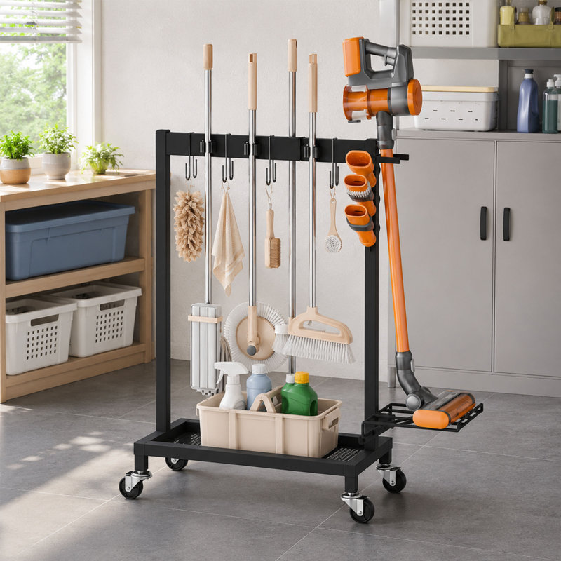 Chariot de rangement à roulettes pour produits de nettoyage, organisateur porte-outils avec support pour aspirateur
