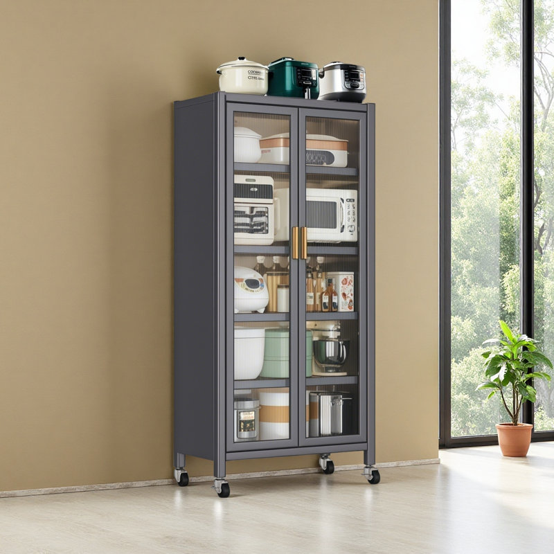 Armoire de rangement pour garde-manger, armoire de rangement en métal à 6 niveaux avec porte transparente, tablettes et roulettes réglables, armoires pour garde-manger, pour la cuisine, le salon et la salle à manger