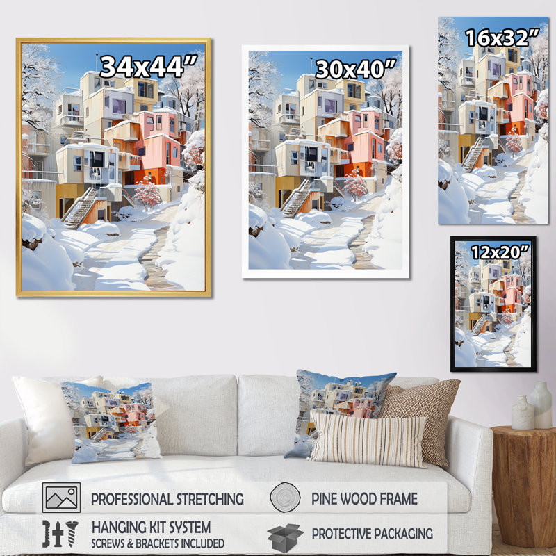 «De Stijl Modern City In Winter II», reproduction sur toile, Cadre flottant doré, H 40 po x l 30 po x P 1,5 po