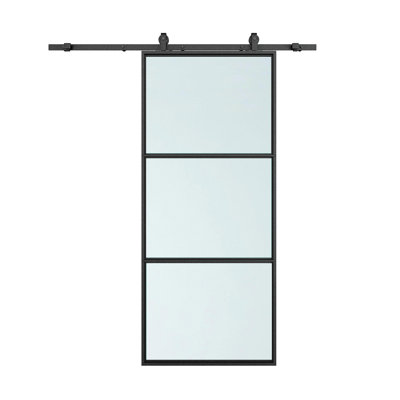 36 po X 84 po Porte de grange coulissante en verre noir givré avec ensemble de quincaillerie
