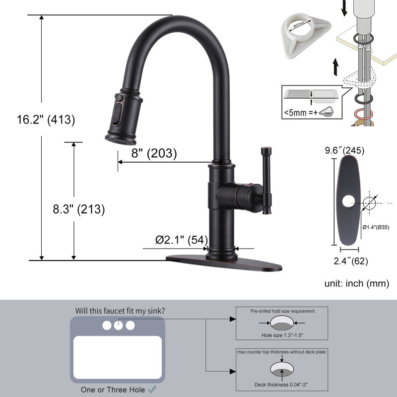 Single Handle Pull Down Sprayer Kitchen Faucet With 3-Spray Modes In Spot Free Stainless Steel, Oil Rubbed Bronze