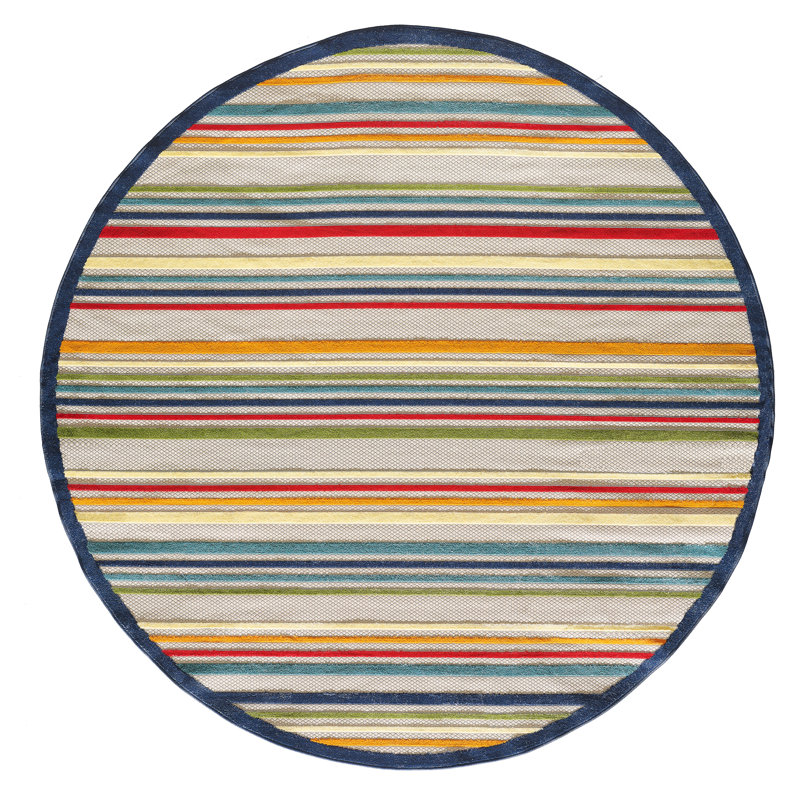 Tapis intérieur / extérieur rayé rouge / bleu / jaune Zaïre, Rond 7 pi 10 po