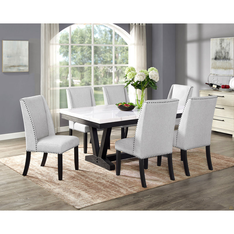 1 table de salle à manger moderne transitionnelle formelle en marbre véritable blanc avec plateau en tréteaux et pieds en bois noir
