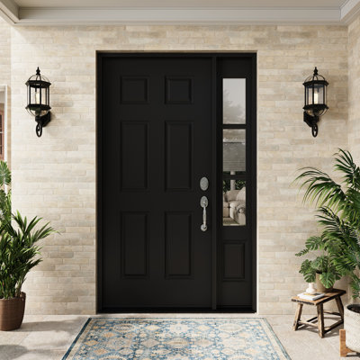 Entry Front Exterior Fiberglass Door 36" x 80" Painted Black 6-Panel Prehung Door Fixed Single Sidelite Black 3-Lite Clear Glass Door With Jamb, Left-Hand Inswing (Not Included Hardware Kit)