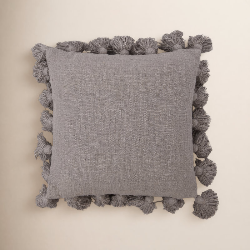 Woven Cotton Slub Pillow with Tassels, Gray