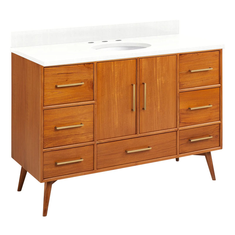 48" Novak Single Bathroom Vanity Set with Oval Undermount Sink, Natural Teak, 8" Widespread, Feathered White Quartz