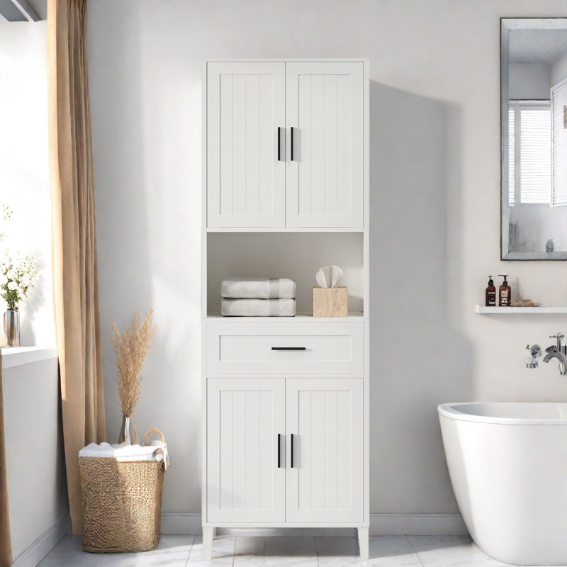 Grande armoire de salle de bain autoportante avec 1 tiroir, 2 armoires, 4 portes à fermeture douce, 2 tablettes réglables et un rangement ouvert