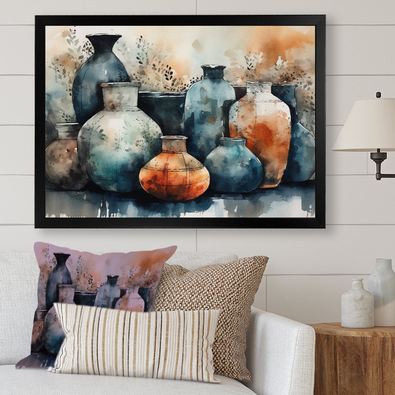 Art mural bleu et orange Kamani - art mural Boho Pottery II, Cadre noir, H 24 po x l 32 po x P 1 po