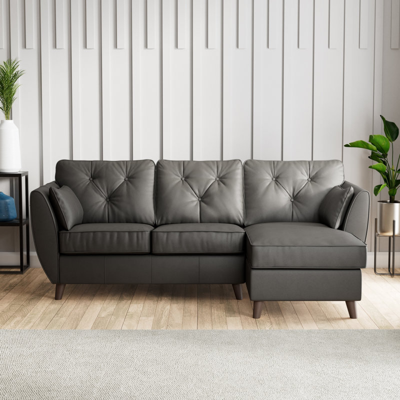 Hoxton 3 Seater Leather Maxi Sofa Chaise, Right Hand Facing, Raven, Dark Wood