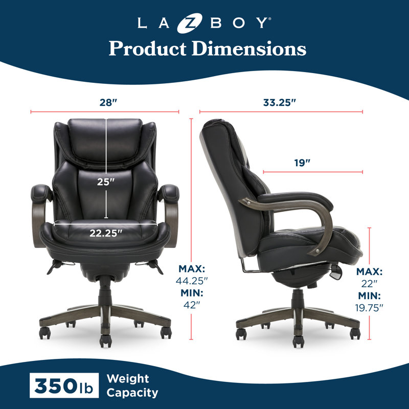 Grand et haut fauteuil de bureau La-Z-Boy Harnett, fauteuil ergonomique à haut dossier avec accoudoirs en bois massif, coussins ComfortCore avec mousse à mémoire de forme, cuir reconstitué
