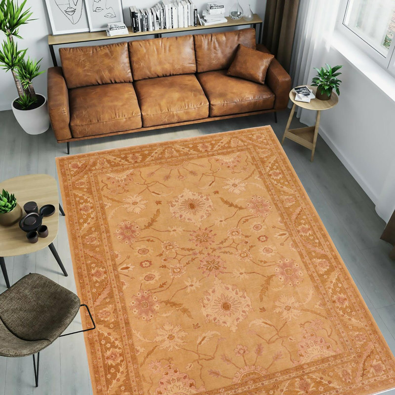 Tapis doré / brun en laine noué à la main de style oriental rectangulaire Baccio 10 pi 1 po x 14 pi
