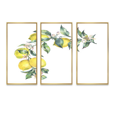 «Branch of Yellow Lemons and Leaves II», peinture sur toile flottante 3 pièces
