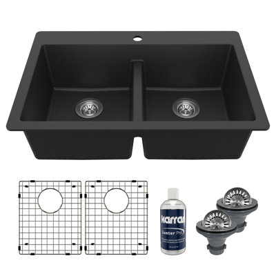 Karran Quartz 33'' X 22'' Double Bowl 50/50 Top Mount Drop-in Kitchen Sink Kit