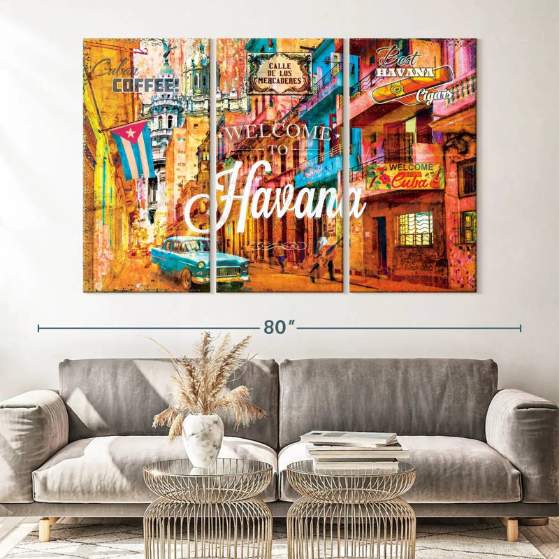Welcome to Havana Ensemble de 3 pièces grunge sur toile, H 42 po x l 65 po x P 1,25 po