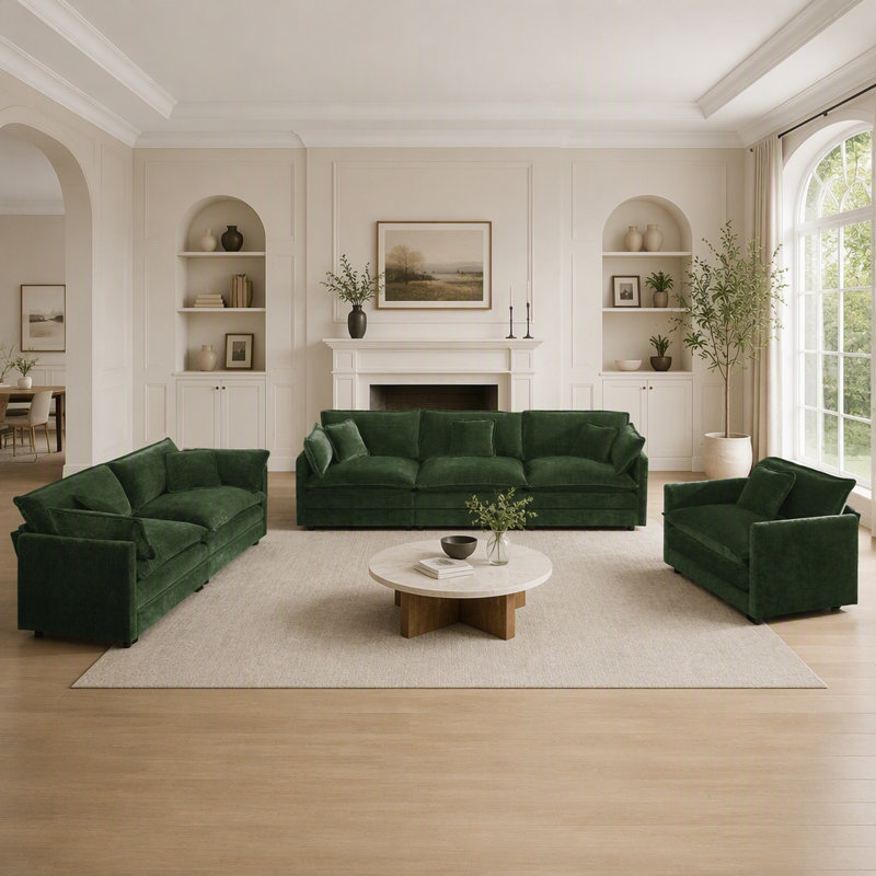 Ensemble de canapés d'angle 3 pièces en chenille moderne, assise extra profonde pour un confort optimal et une décoration de salon élégante