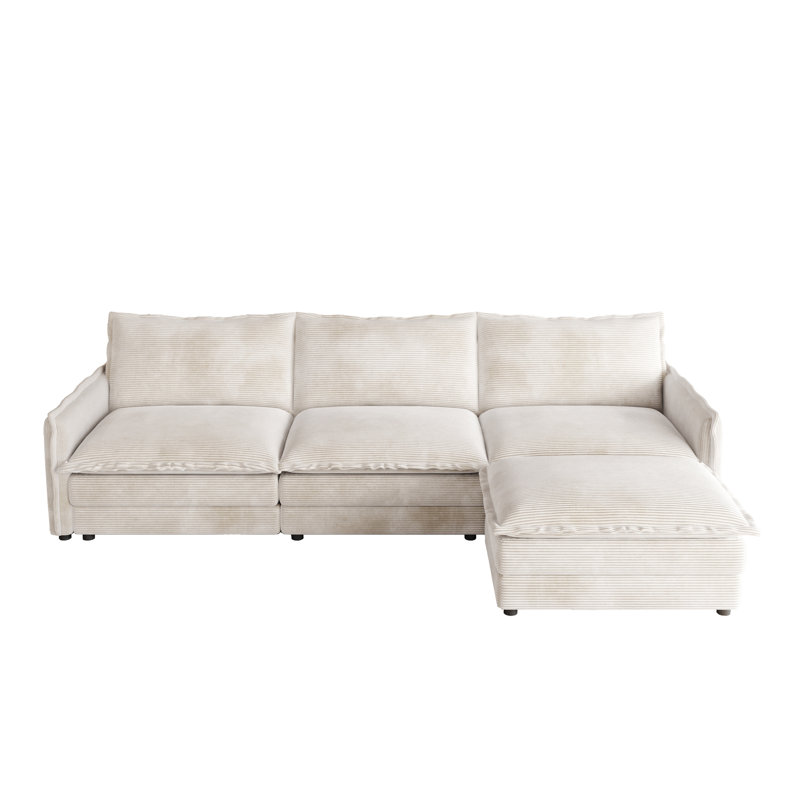 109" Sofa With Ottomans, Beige Corduroy