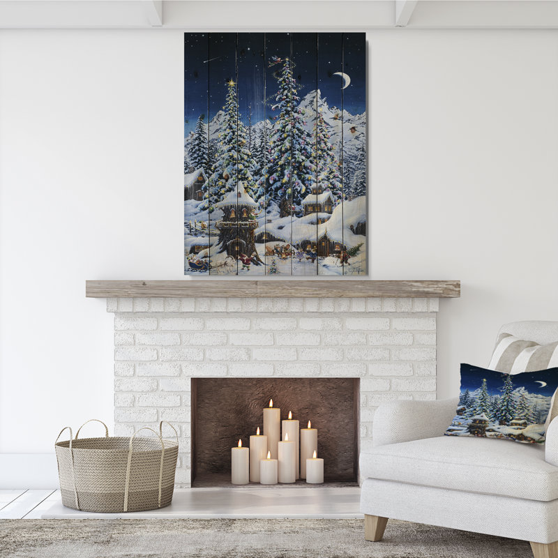 Elf maisons sous de grands arbres de Noël illuminés - reproduction d'art, H 46 po x l 36 po x P 0,78 po, Bois