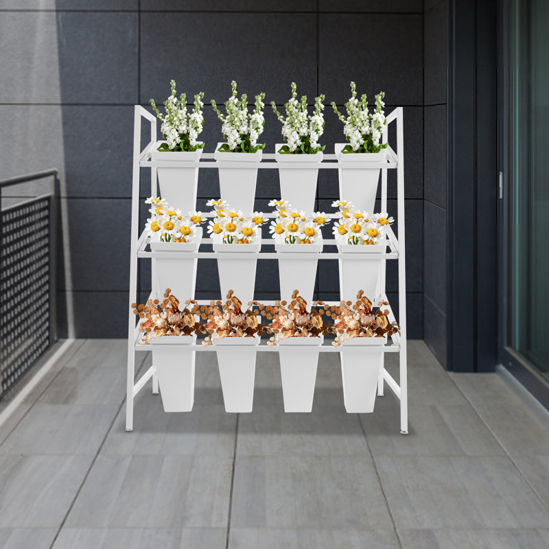Présentoir à fleurs en métal à 3 niveaux avec 12 seaux, Blanc