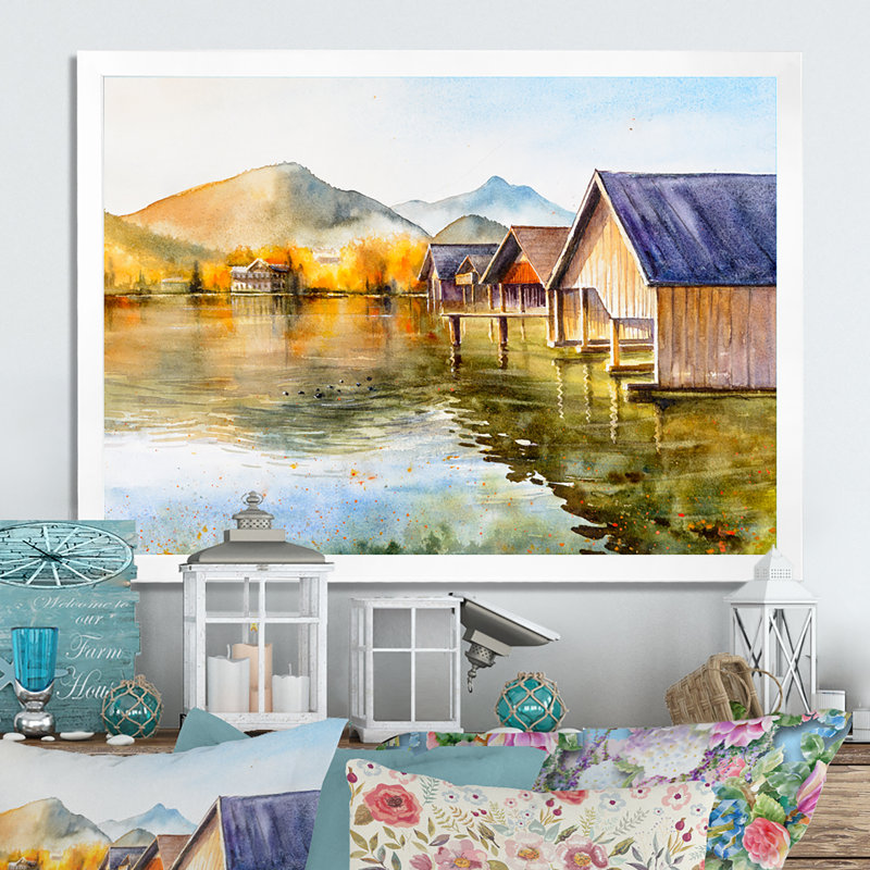 Yacht Dock on Misty Morning by the Lake - reproduction d'art sur toile, H 8 po x l 12 po x P 1 po, Cadre blanc