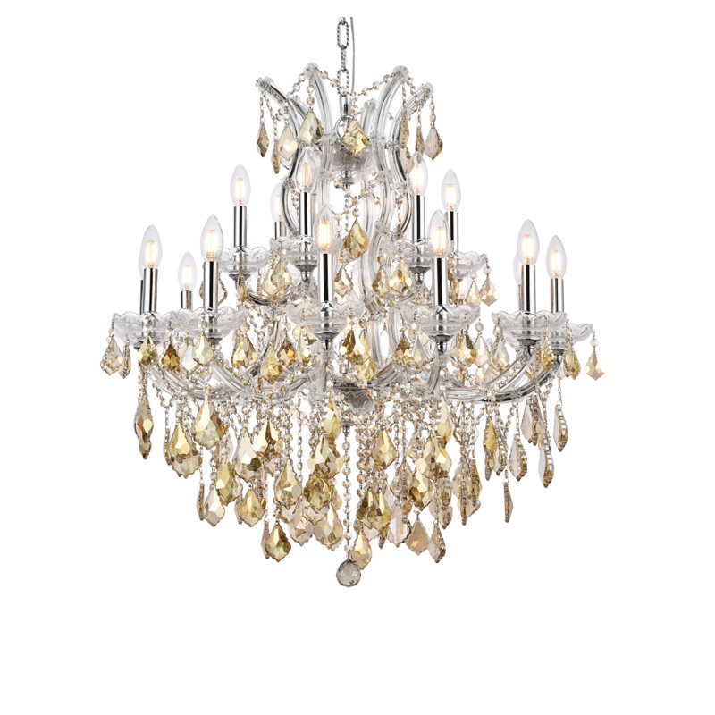 Lustre style bougie 19 lumières Stockard, Chrome / teck doré (fumé) / coupe royale, Clear