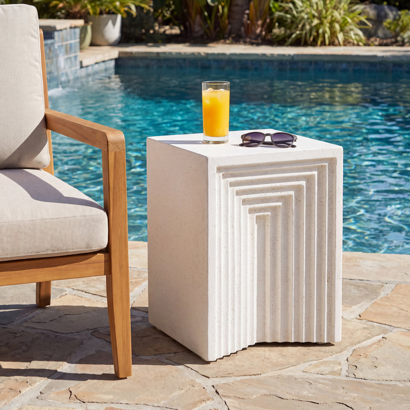 Cayson Outdoor Geometric Texture MGO Side Table with Sculptural Cube Form