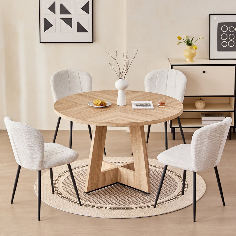 5-Piece Modern Round Dining Set, Natural Wood Grain Table With 4 White Upholstered Chairs, Natural, White