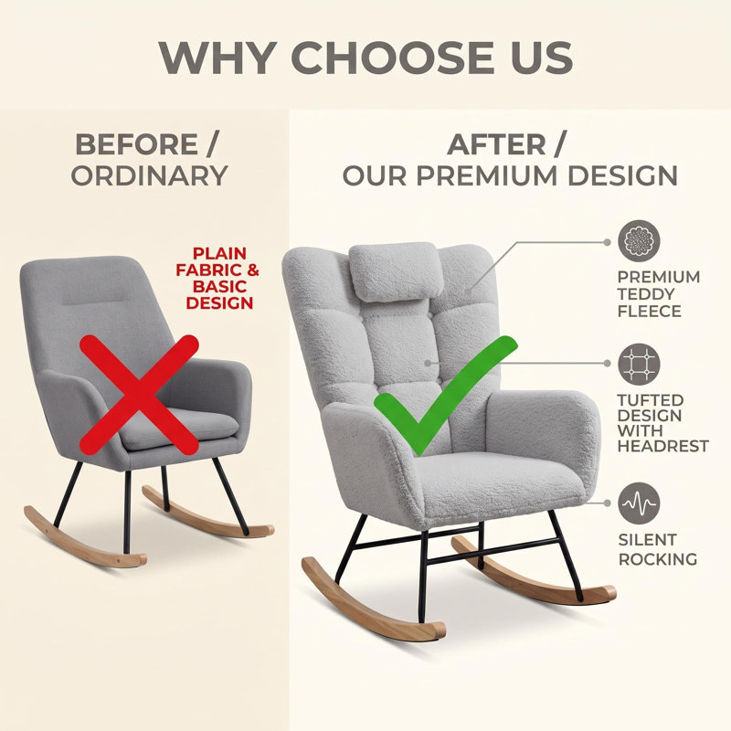 Ergonomic High-Back Rocking Chair with Ottoman, Upholstered Glider Rocker with Steel Frame and Wooden Legs for Nursery or Living Room