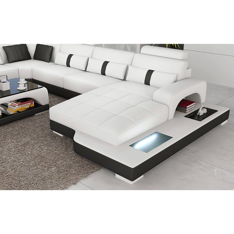 Arieta Upholstered U-Shaped Sectional, White Genuine Leather, Right Hand Facing