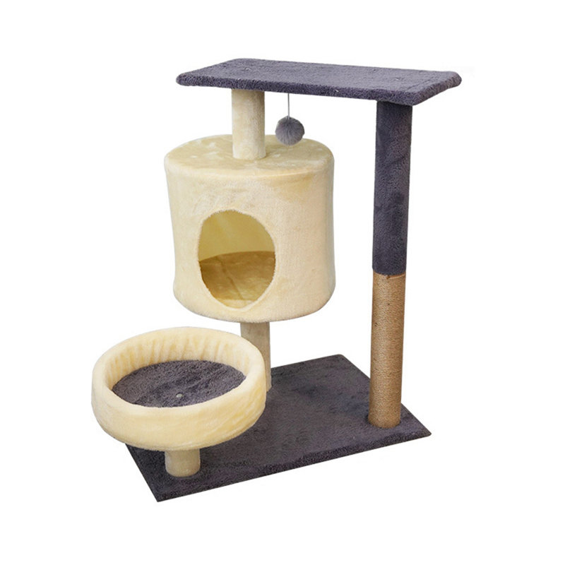 Structure d'escalade en chanvre, lit pour chat, arbre à chat, support pour chat avec lit, colonne d'escalade à plusieurs couches intégrée, plateforme de saut pour chat, gris