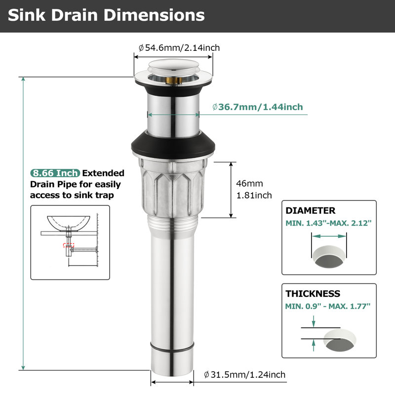 Pop-up Bathroom Sink Drain Without Overflow, Polished Chrome