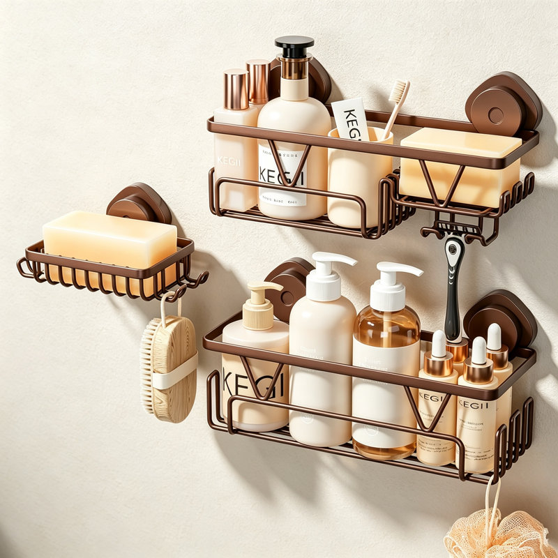 Bronze 3-Pack Suction Shower Shelves with Hooks