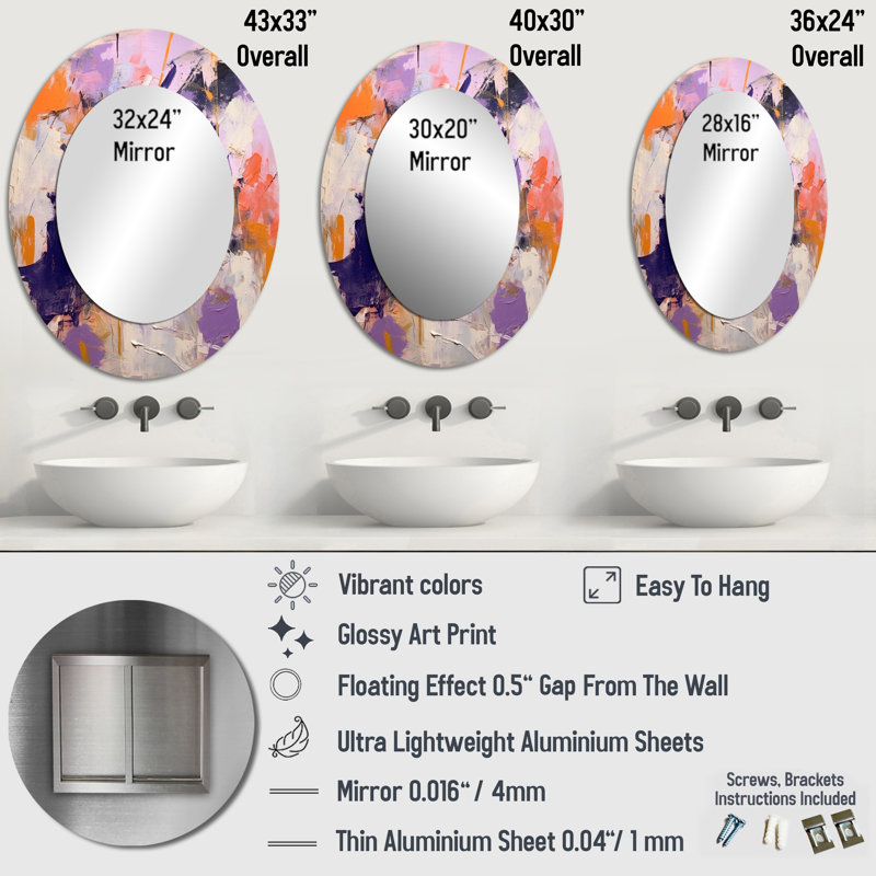 Poetic Expressionism In Purple And Orange I - Abstract Oval Decorative Mirror On Metal, 36" x 24"