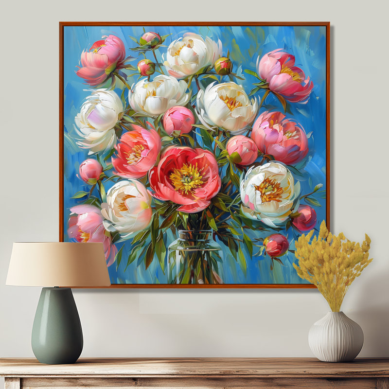 Radiant Bouquet - pivoines, impression d'art mural, H 16 po x l 16 po, Encadrement brun